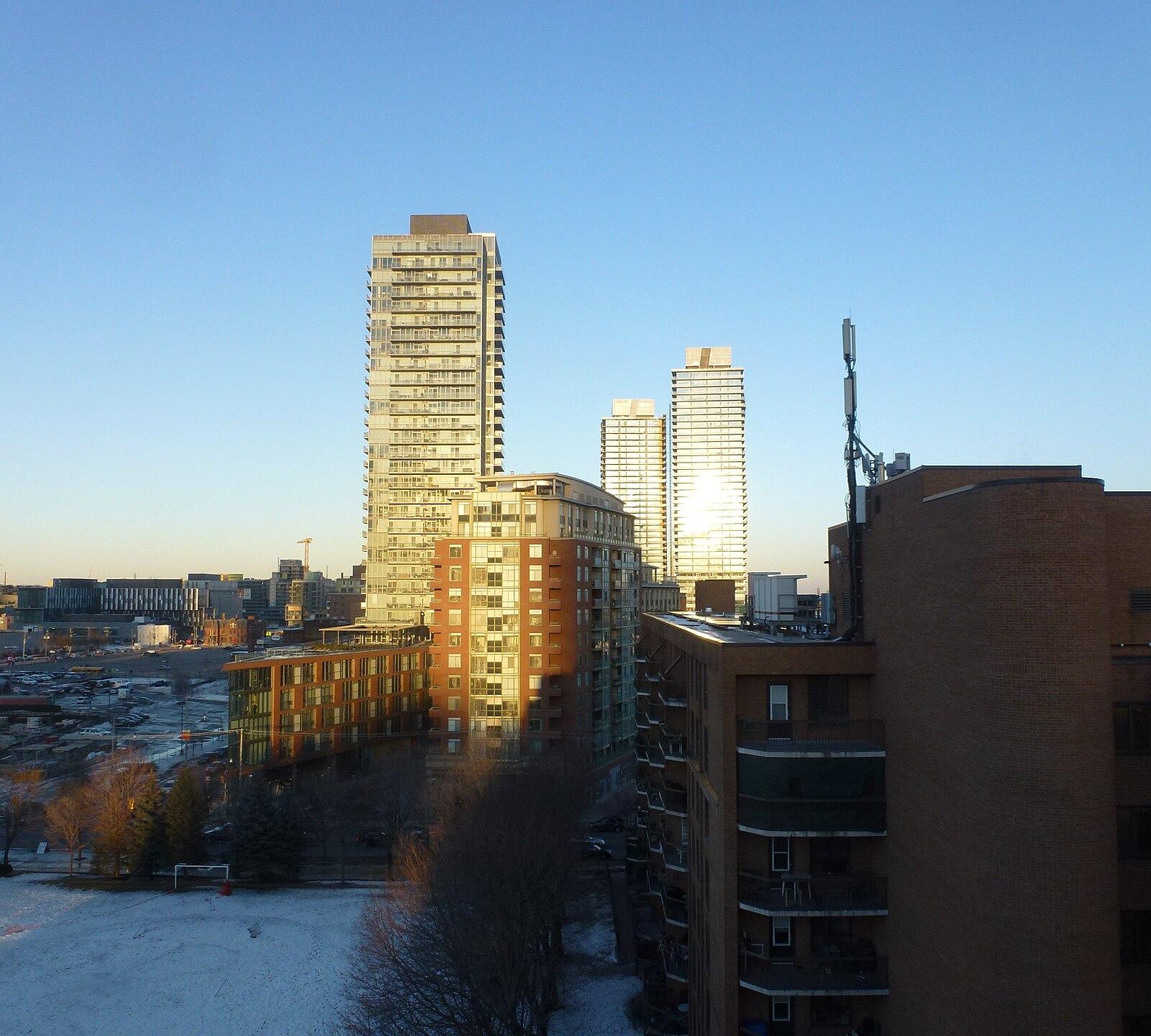 Highrises in the distillery district lit by the setting sun, 2014 02 22 a