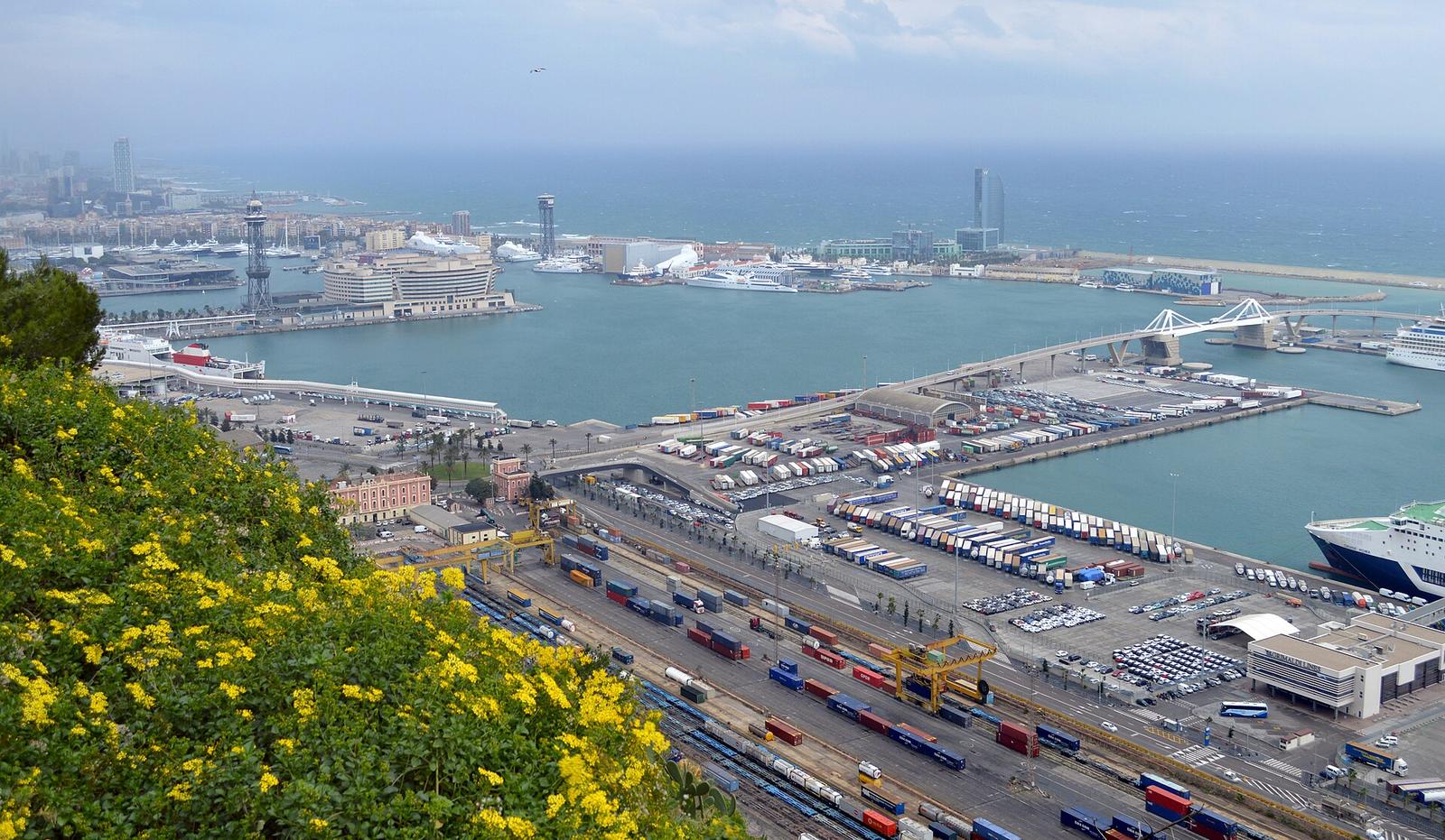 View of Moll de Ponent and Port Vell from below Castell de Montjuïc, Barcelona, 2015